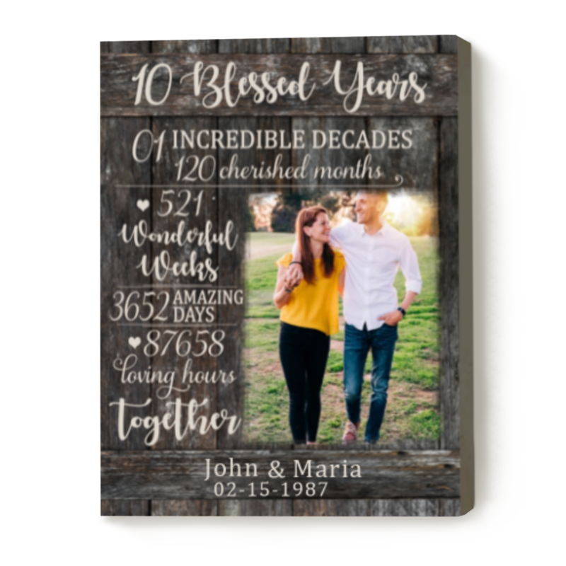 Custom 10th Wedding Anniversary Canvas Print, 10 Bless Years Together Photo Gift, 10 Years Anniversary Gift For Her, Ten Year Anniversary Gift For Couples