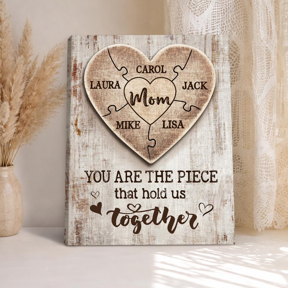 Custom Mothers Day Puzzle Canvas, Mom Sign With Kids Names, Mom You Are the Piece that Holds Us Together, Gift For Mom From Son