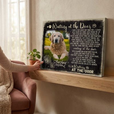 Personalized Dog Memorial Canvas, Custom Photo Pet Loss Gifts, Waiting at the Door Heartfelt Poem, Sympathy Gifts For Loss Of Dog