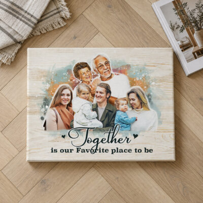 Personalized Family Portrait Canvas Print, Custom Watercolor Photo Wood Wall Art, Multi Generation Picture Gift for Grandparents Parents