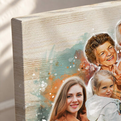 Personalized Family Portrait Canvas Print, Custom Watercolor Photo Wood Wall Art, Multi Generation Picture Gift for Grandparents Parents