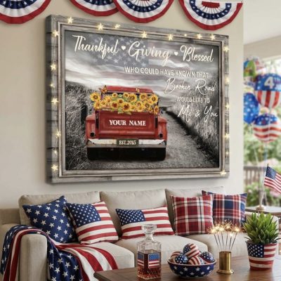 Farmhouse Wall Decor, Thankful Grateful Blessed Canvas Print, Red Truck Housewarming Family Gift, Patriotic 4th Of July Gifts for Family