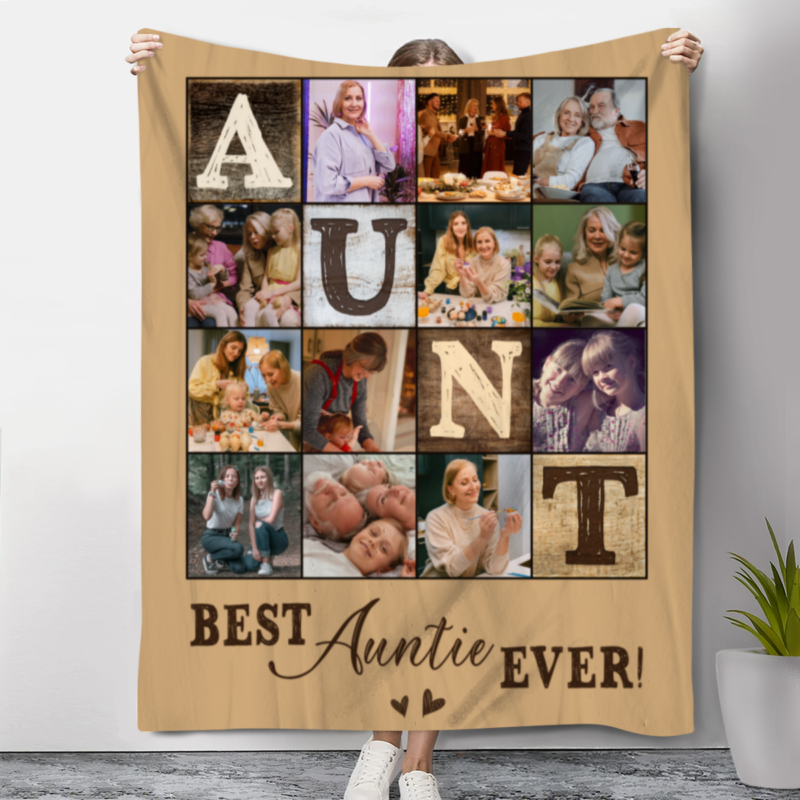 Personalized Aunt Photo Collage Blanket – Mother’s Day Gift for Aunt from Niece or Nephew, Birthday Gift for Cool Aunt with Pictures