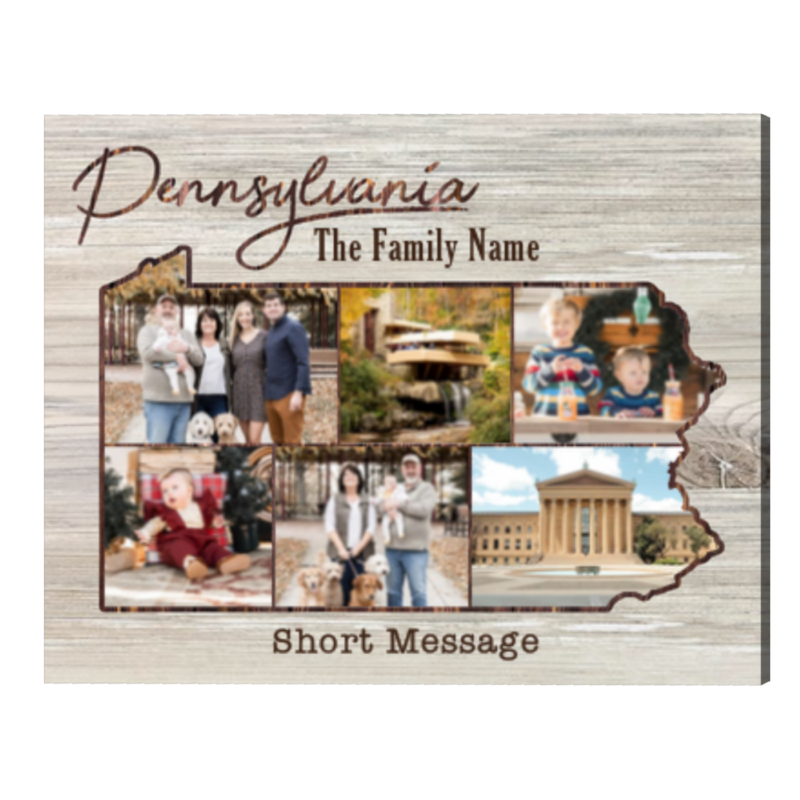 Pennsylvania Personalized Family Photo Collage Canvas, Custom Family Name Wall Art, USA State Map