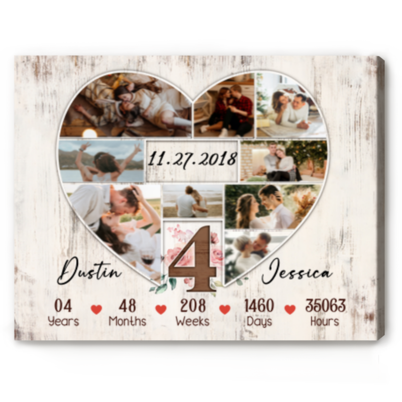 Custom 4th Anniversary Photo Collage Wall Art, 4 Years Anniversary Gift For Her For Him
