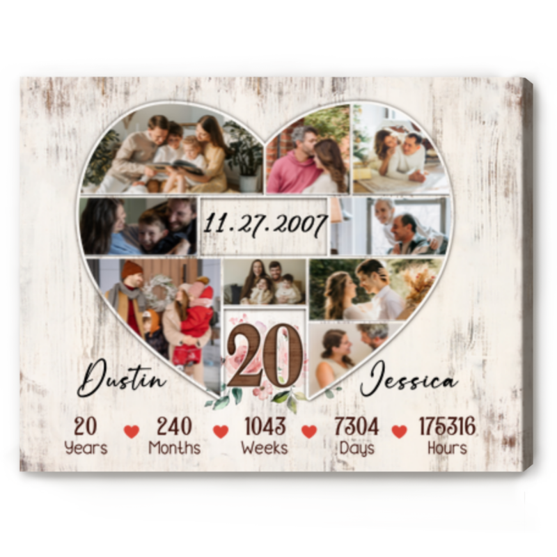 20th Anniversary Photo Collage Gift for Couples Personalized 20th Anniversary Heart Photo Collage Canvas Print