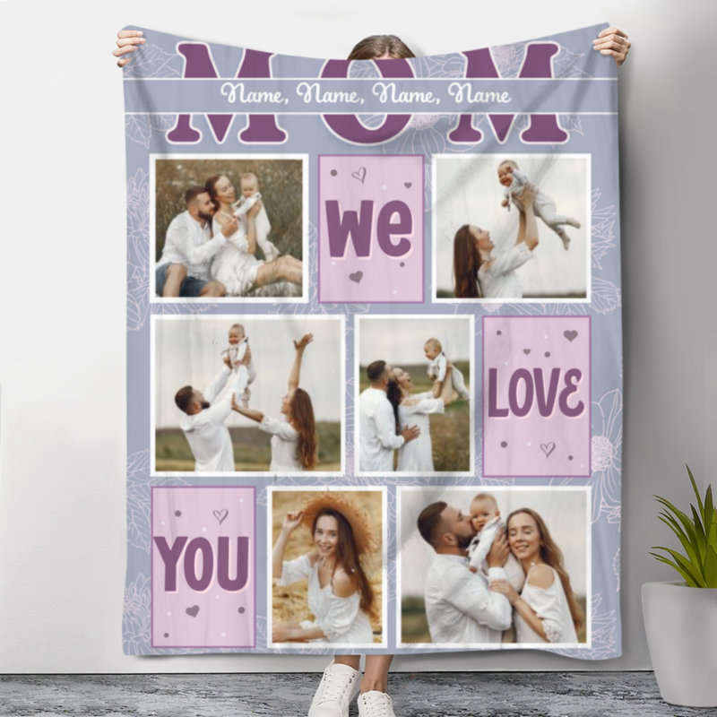 We Love You Mom Personalized Photo Blanket, Christmas & Birthday Keepsake Gift from Kids, Custom Mom Warm Fleece Blanket