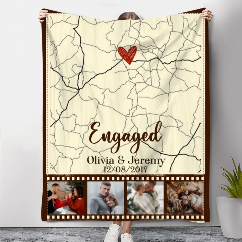 Custom Engagement Map Blanket Gift, Gift for Newly Engaged Couple, Personalized Engaged Photo Gift
