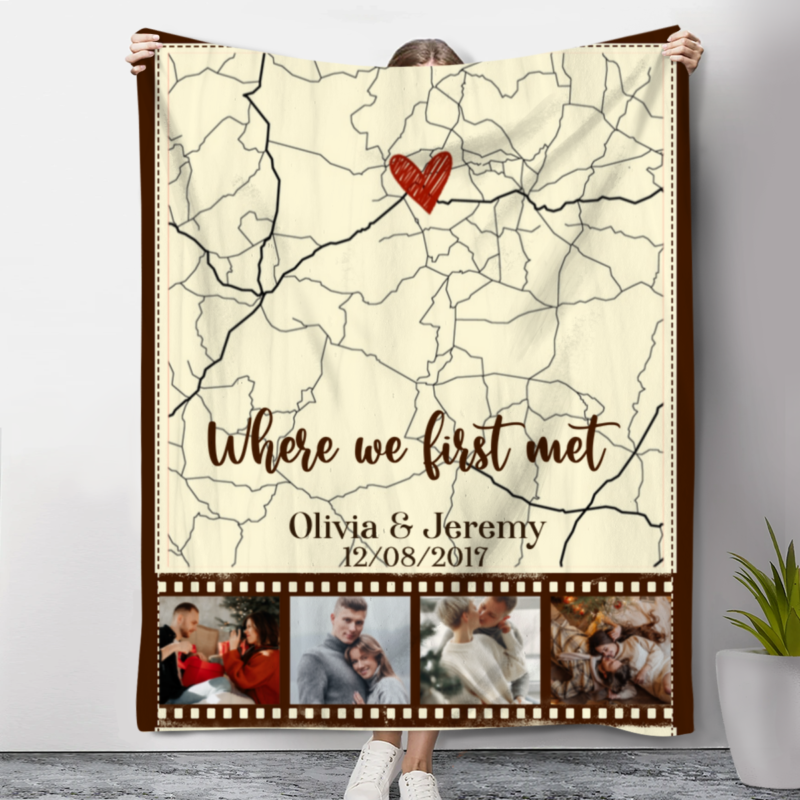 Custom Where We First Met Map Art Blanket With Photo, Anniversary Gifts for Boyfriend, Valentine Day Blanket Gift for Her