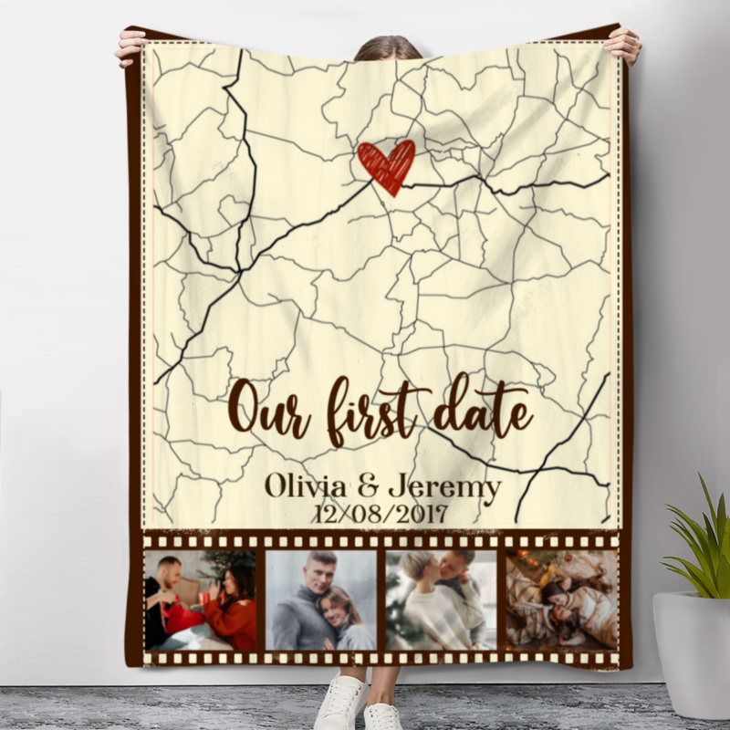 Personalized Anniversary Gift for Boyfriend, Our First Date Map Gift, Boyfriend Blanket with Photo, Custom Valentines Blanket