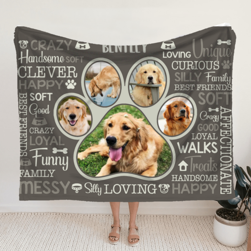 Custom Paw Print Photo Collage Blanket, Personalized Pet Photo Gifts, Picture Of Your Dog Gifts, Dog Photo Blanket