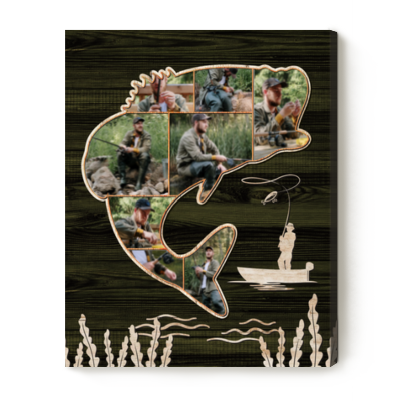 Bass Fishing Gifts Custom Bass Fish Shape Wall Art Fishing Collage Canvas Fishing Gift for Dad Best Gift For Fishing Men