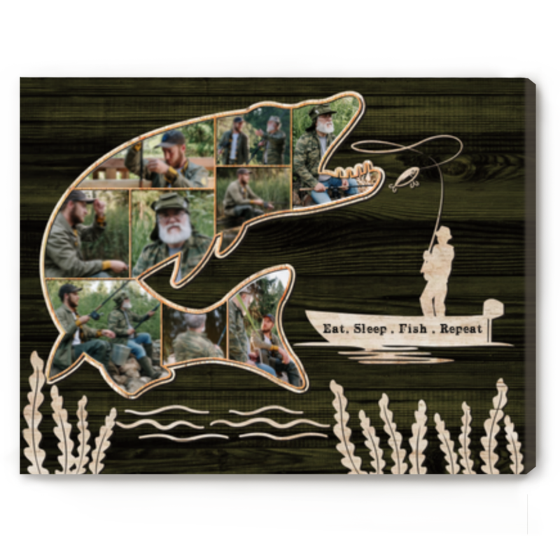 Personalized Muskie Fishing Photo Collage Canvas, Custom Fisherman Wall Art, Fishing Gift for Dad, Husband, Grandpa, Man Cave Fishing Decor