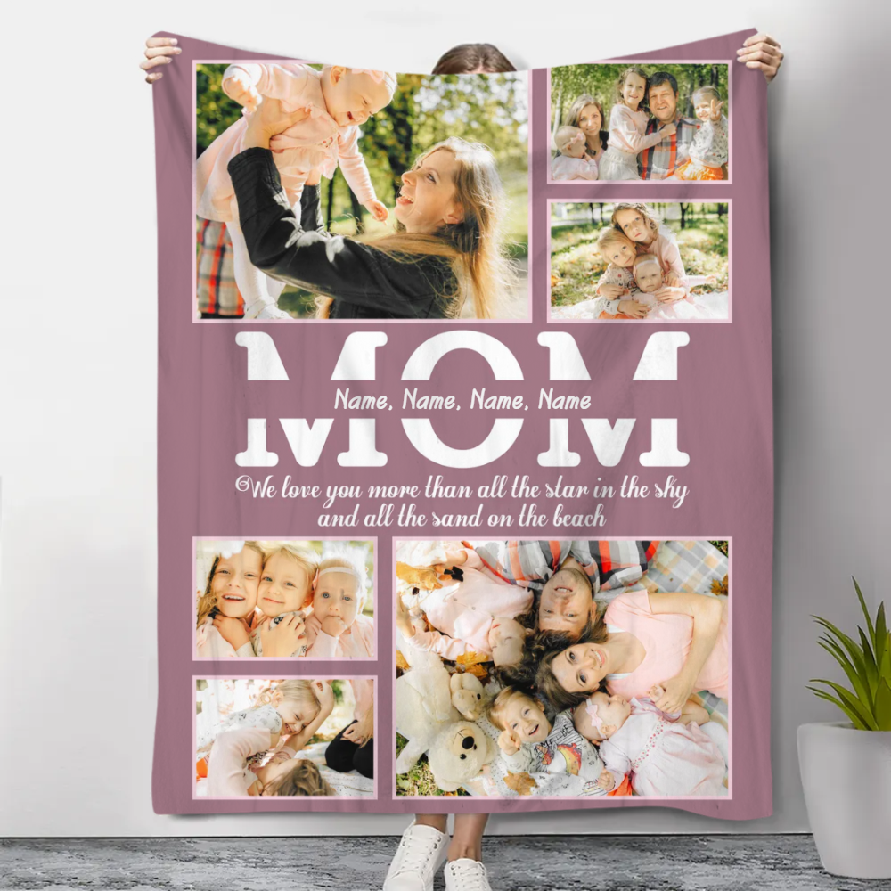 Personalized Photo Blanket For Mom With Kid Names, Mothers Day Blanket