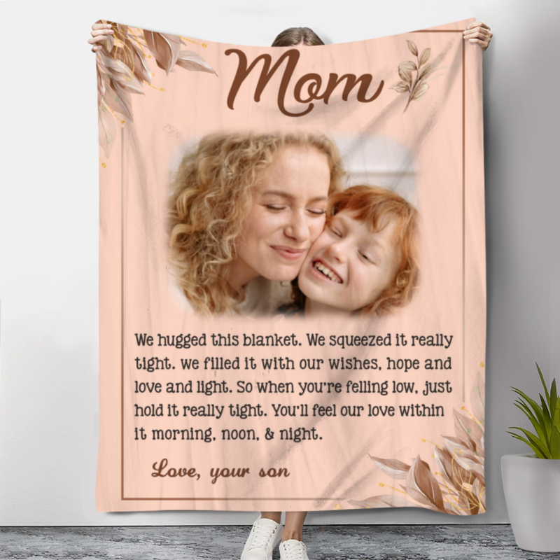 Personalized Mom Blanket From Son, Mother's Day Picture Gifts, Presents For Moms Birthday, Mom We This Hugged Blanket