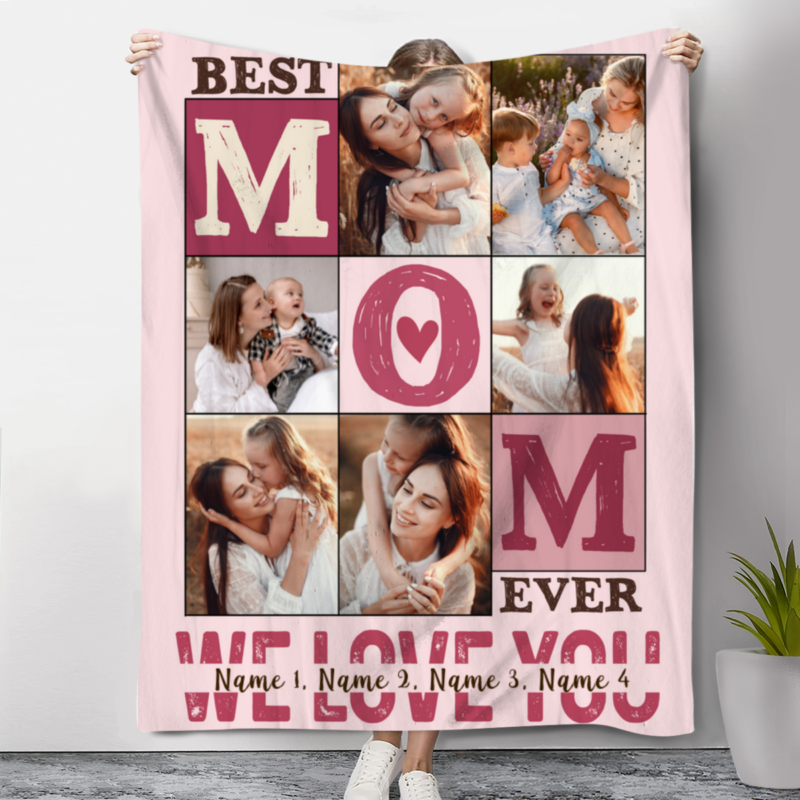 Best Mom Ever Personalized Blanket with 6 Photos, Mom Photo Blanket, Personalized Gifts for Mom for Birthday Mother's Day Christmas