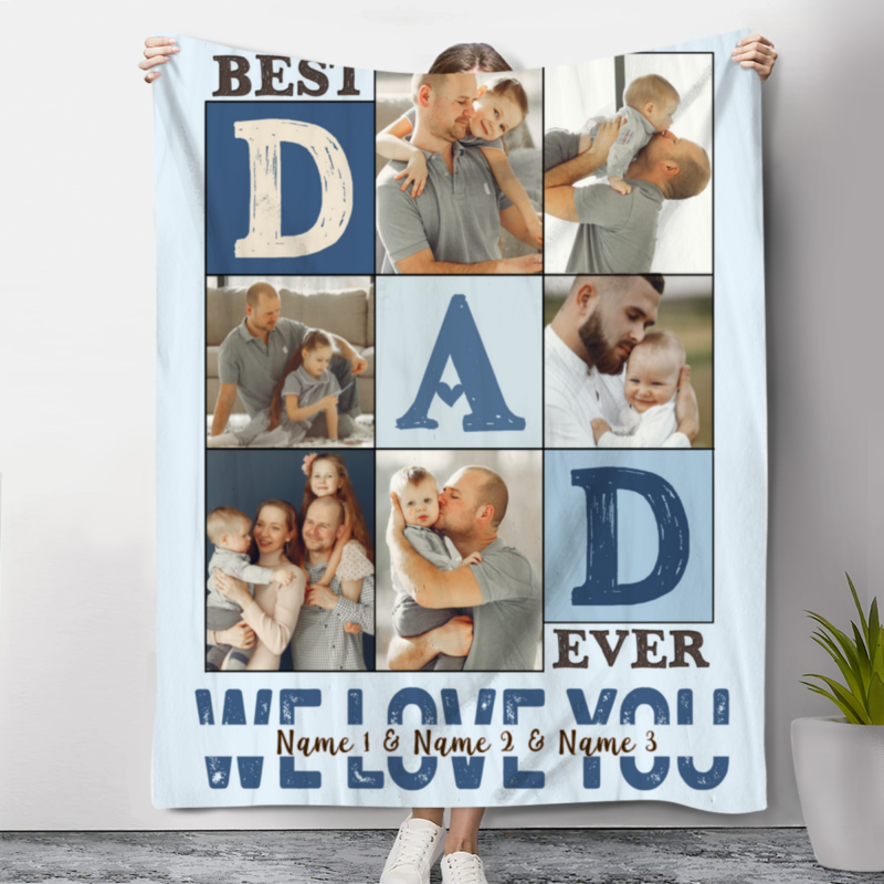 Best Dad Ever Personalized Blanket with 6 Photos, Fathers Day Photo Blanket, Personalized Gifts for Dad for Birthday