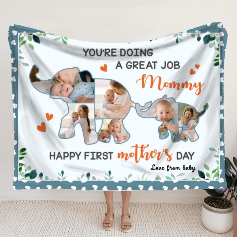 customized happy first mothers day blanket cute elephant photo collage you're doing great job mommy