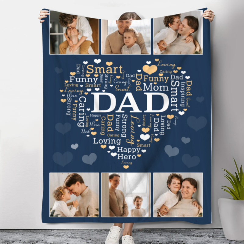Dad Heart Word Art Photo Blanket, Personalized Fathers Day Gifts, Birthday Gifts For Dad From Son