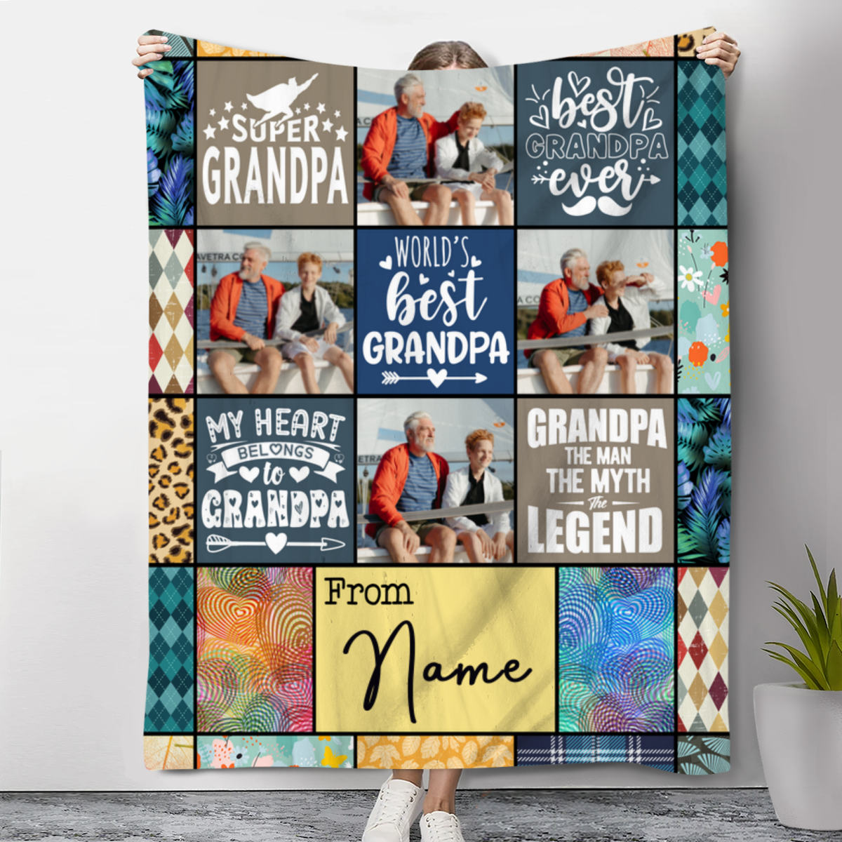 World's Best Grandpa Personalized 4 Picture Blanket, Grandfather Fathers Day Gift, Gift For