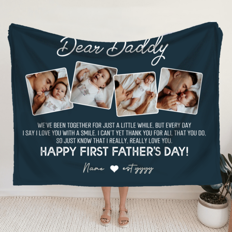 Happy First Father's Day Personalized Photo Blanket, First Time Dad Gifts, 1st Father's Day Gift From Newborn