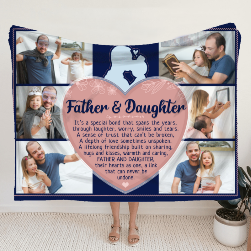 Father And Daughter Photo Collage Blanket, Personalized Fathers Day Gifts From Daughter, Dad Daughter Gifts