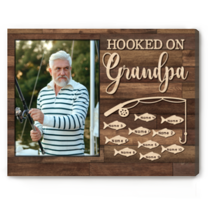 hooked on grandpa with grandkids name canvas grandpa fishing gifts for father's day personalized fishing gift for grandpa
