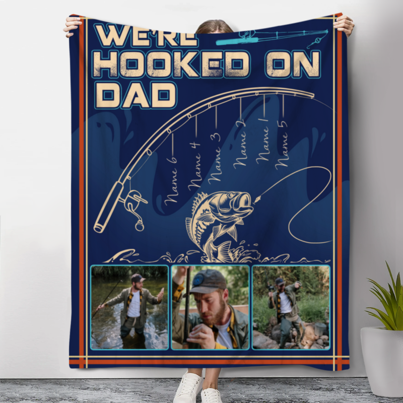 we're hooked on dad custom blanket with kids names fishing fathers day gift for dad gifts for fisherman dad from kids