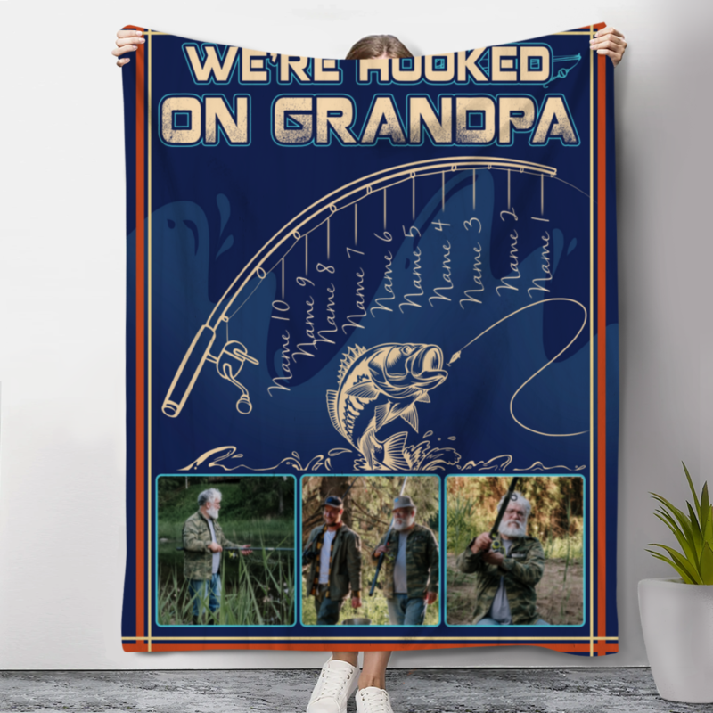 we're hooked on grandpa personalized blanket with names fathers day gift fishing for grandpa fisherman grandfather gift from grandkids