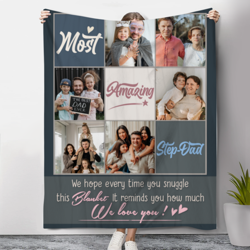 Most Amazing Step Dad Custom Photo Blanket, Step Dad Fathers Day Gift, Personalized Step Dad Gifts
