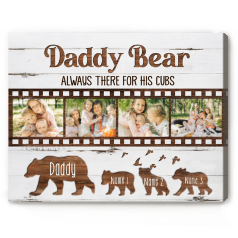 Daddy Bear and His Cubs Personalized Canvas, Daddy Fathers Day Gifts, Gift for Dad with Custom Kids Names