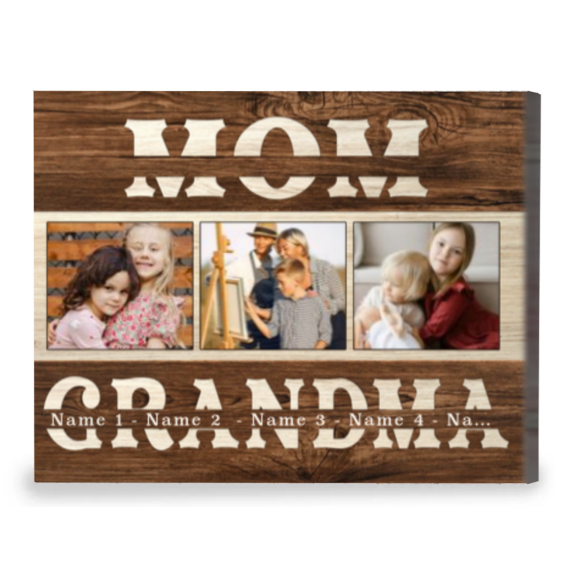 Personalized mom grandma photo canvas with custom pictures and grandkids’ names, Mother’s Day gift for grandma, family keepsake wall art.