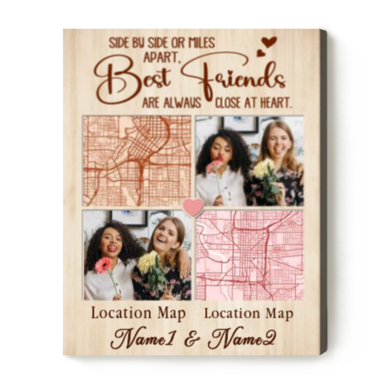 Custom Friendship Two Map Print With Photo Canvas, Personalized Friend Moving Gift, Long Distance Friendship Gifts