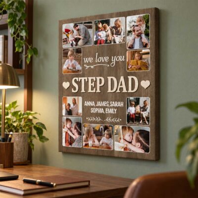Personalized We Love You Step Dad Photo Collage Canvas, Christmas Birthday Gift for Bonus Dad from Kid, Step Dad Wall Art