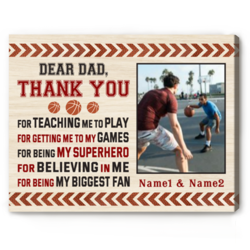 dear dad thank you for teaching me to play basketball photo canvas personalized basketball gift for dad basketball gifts for men
