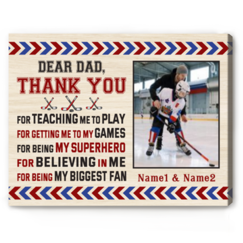 dear dad thank you for teaching me to play hockey photo canvas personalized hockey gift for dad dad hockey gifts from son