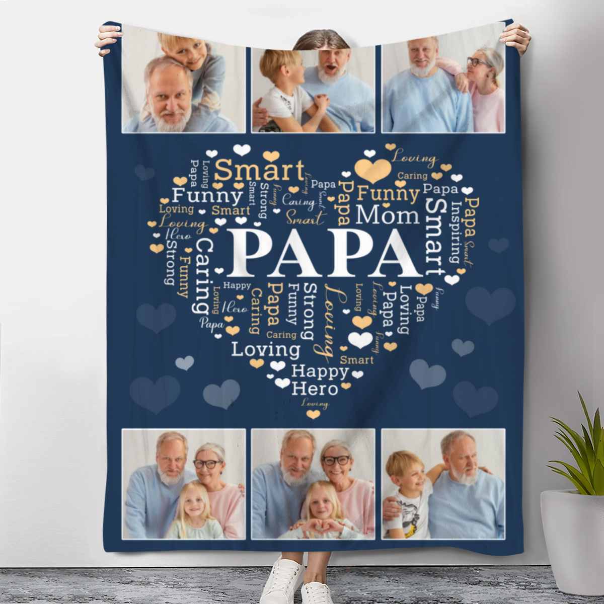 Papa Heart Word Art Photo Blanket Personalized, Papa Fathers Day Gifts