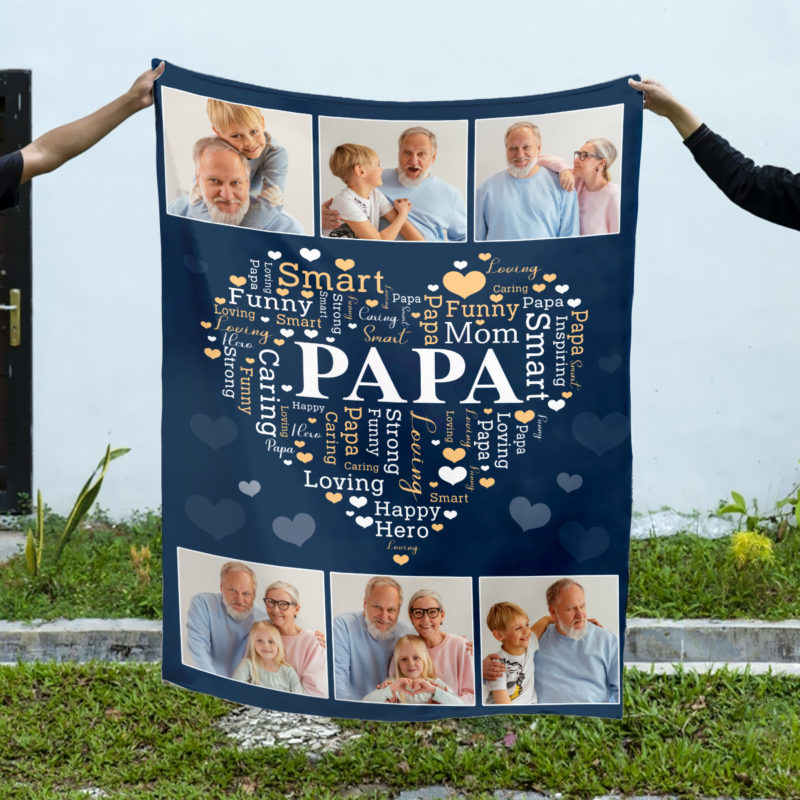 Papa Heart Word Art Photo Blanket Personalized, Papa Fathers Day Gifts