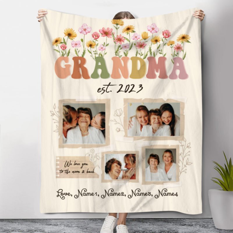 Christmas Gifts For New Grandma, Personalized Wildflowers Grandma Blanket With Kids Name, Custom Photo Gifts For Grandmas, First Time Grandma Gifts