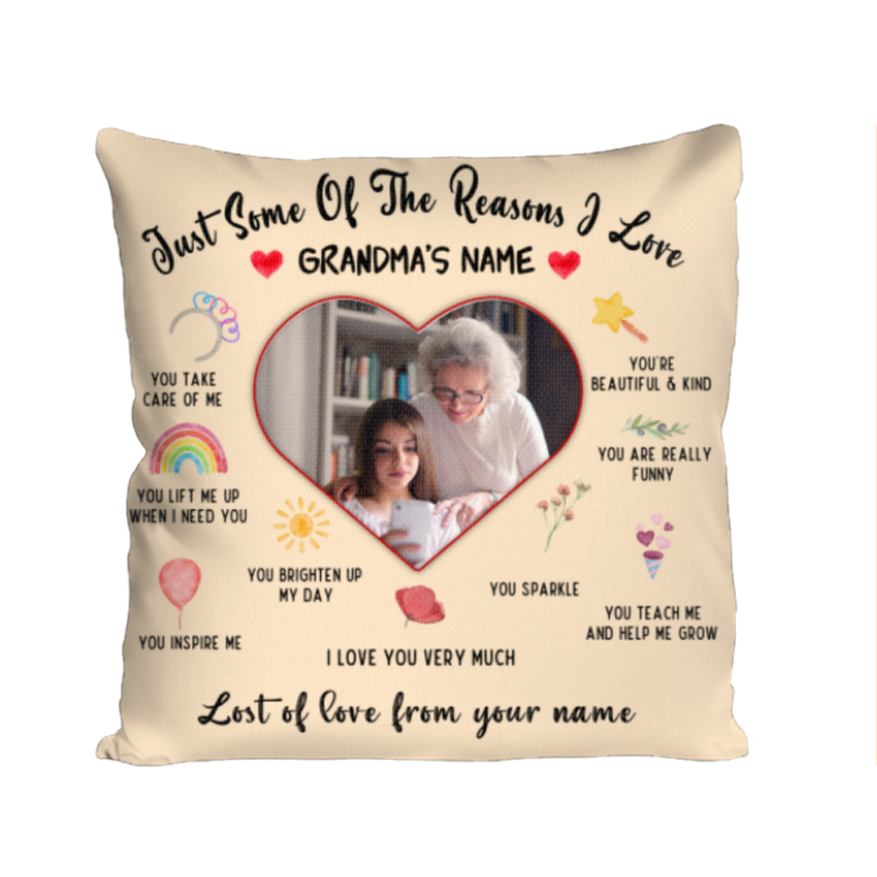 reasons i love you grandma pillow with photo personalized gift for grandma from grandkids gran birthday christmas gifts