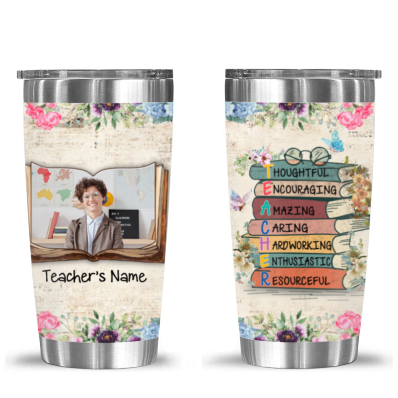 personalized teacher book stack tumbler with photo teacher appreciation gifts mentor inspire educate coach share influence encourage tumbler cup