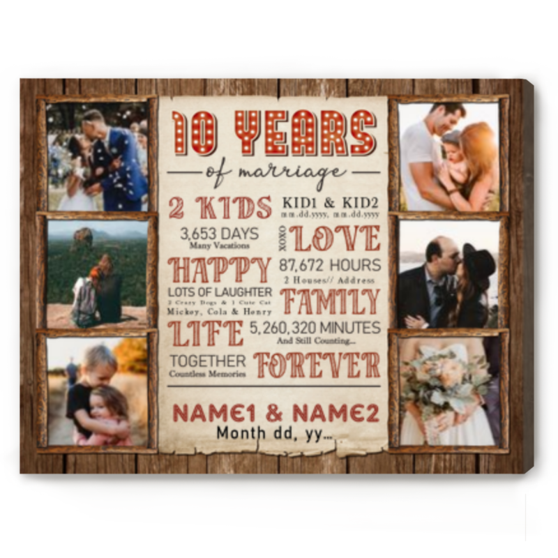 Personalized 10 Years Anniversary Photo Canvas, 10th Wedding Anniversary Gift for Her, Ten Year Of Marriage Gift