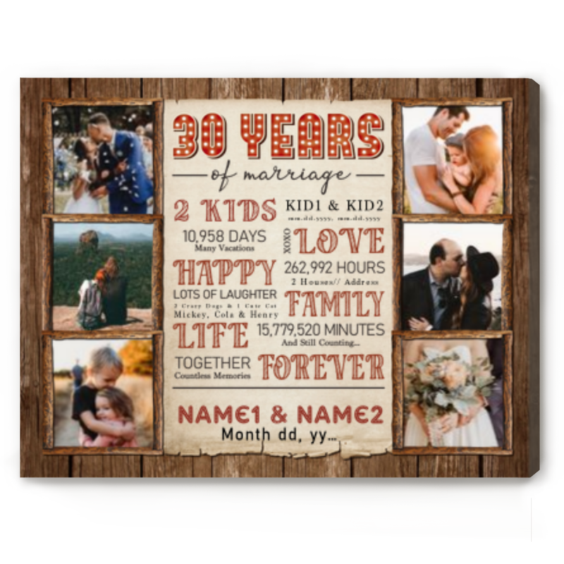 Personalized 30 Years Anniversary Photo Canvas, 30th Wedding Anniversary Gift for Wife, 30 Year Of Marriage Gift