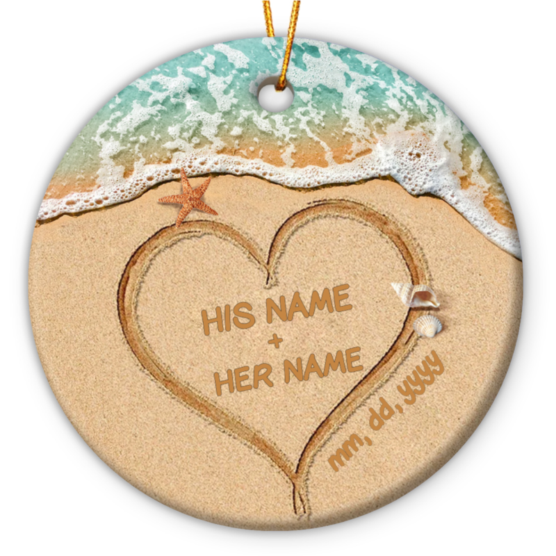 couples names in sand personalized ceramic ornament christmas gifts for newlyweds beach wedding ornament