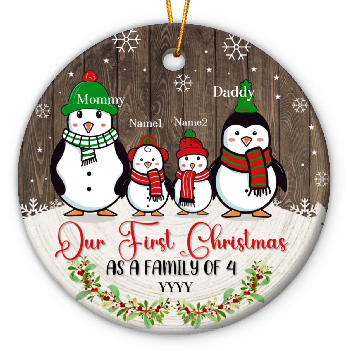 Personalized Penguin Family Of 4 Christmas Ceramic Ornament, First ...