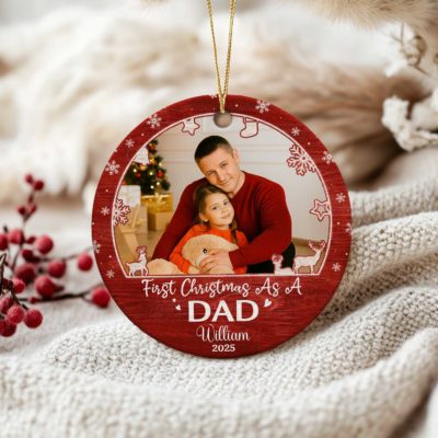 Personalized First Christmas As Dad Ceramic Ornament, New Dad Photo Christmas Ornament, First Time Dad Keepsake
