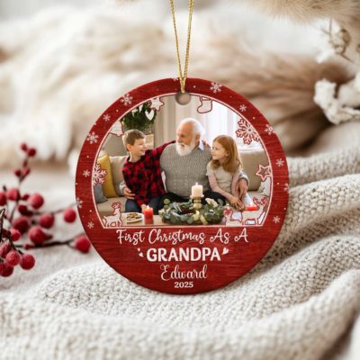 Personalized First Christmas As Grandpa Ceramic Ornament, New Grandpa Photo Christmas Ornament, First Time Grandfather Keepsake