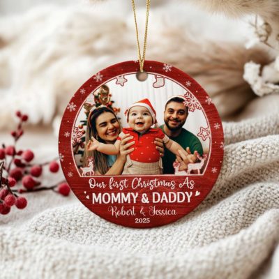 Personalized First Christmas As Mommy and Daddy Ceramic Ornament, New Parents Photo Christmas Ornament, First Time Parents Keepsake
