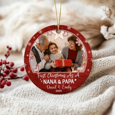 Personalized First Christmas As Nana and Papa Ceramic Ornament, New Grandparents Photo Christmas Ornament, First Time As Grandparents Keepsake