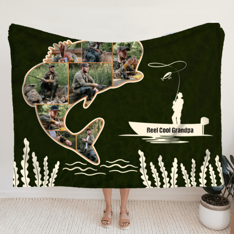 Personalized Bass Fish Photo Collage Blanket, Fishing Gift For Men, Fishing Dad Blanket